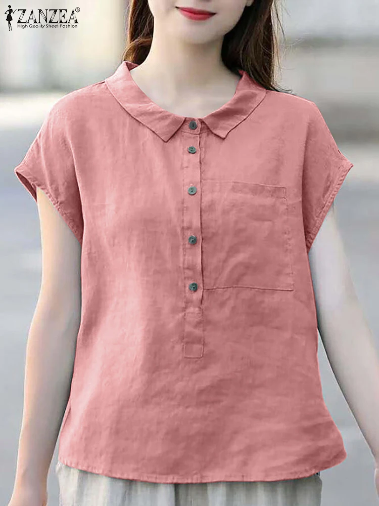 ZANZEA Summer Women Blouse Casual Loose Shirt Short Sleeve Solid Cotton Tunic Tops Fashion Buttons Down Blusas Chemise Oversize