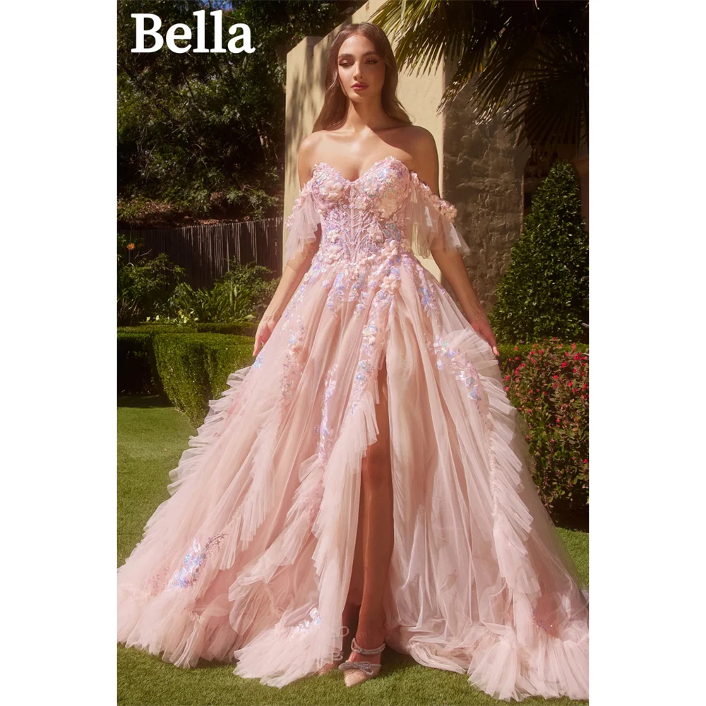 

Bella Lace Embroidery Prom Dresses Tulle A-line Vestidos De Fiesta Graceful Sleeveless Sexy Side High Split Evening Dress 2024