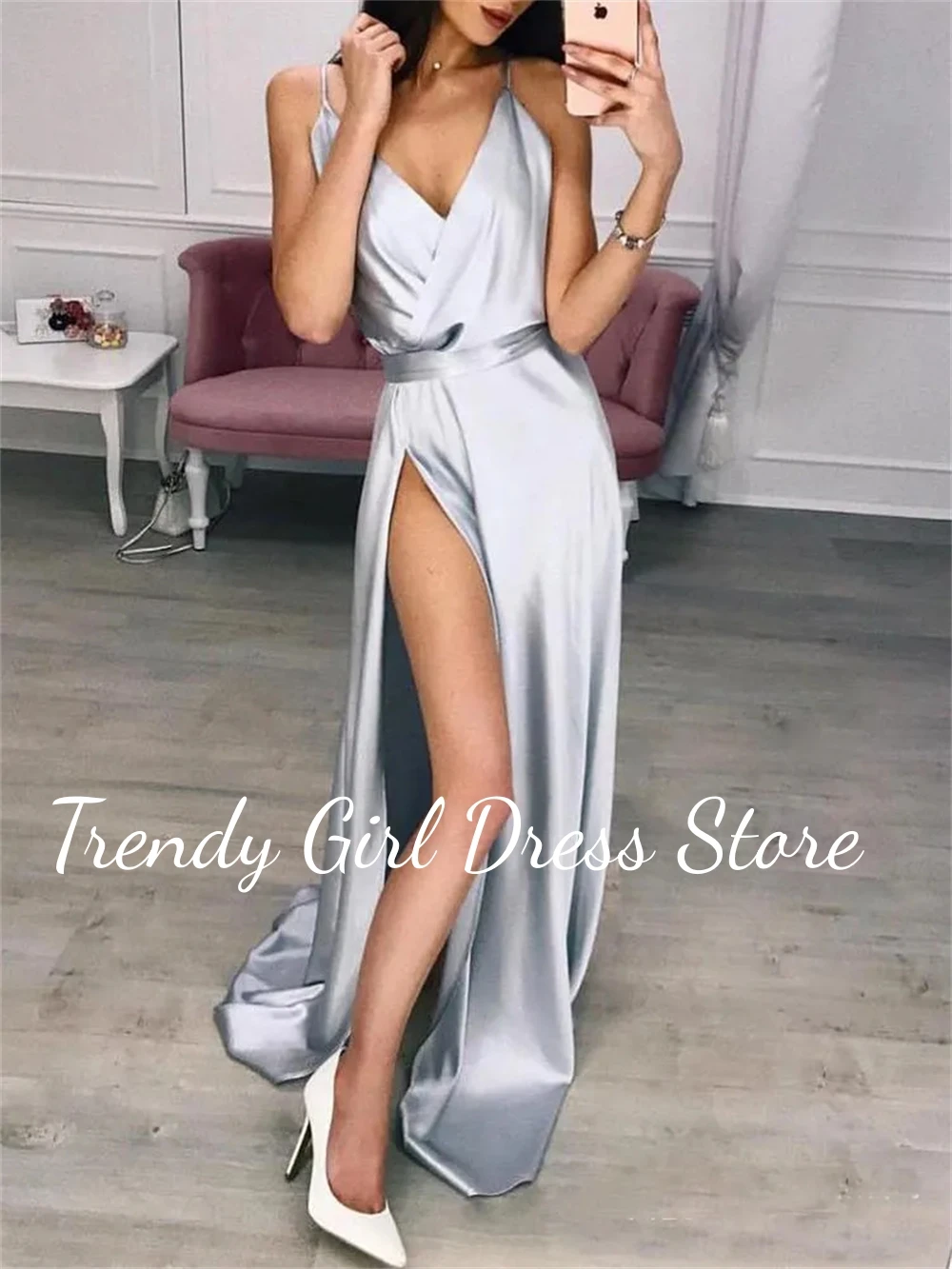 

Silver Prom Dress 2024 Sexy A Line V Neck Spaghetti Strap Long Formal Evening Gowns With High Split فساتين للحفلات الراقصة