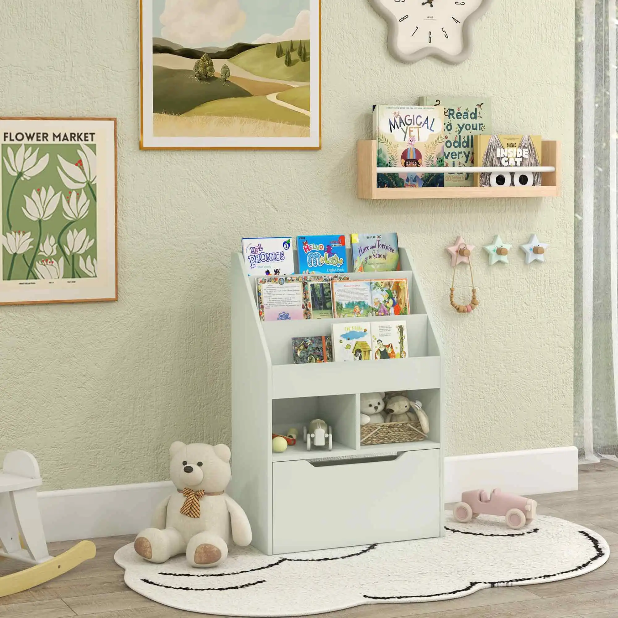 Kids Storage Bookcase Stand w/ Display Shelves & Drawer for Toys & Books, Green 2