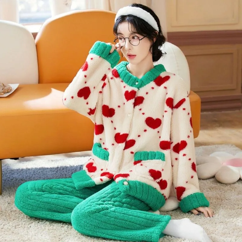 2023 New Coral Velvet Pajamas Women Thick Students In Autumn Winter Can Wear Flannel Home Service Suit flannel pajamas women autumn and winter warm high calorie suit coral fleece pajamas thickened plus velvet couples home service