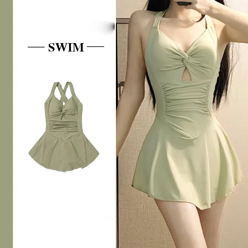 

2023 Women One Piece Swimsuit Solid Sexy Swimwear Swim Skirt Summer Beach Wear Korean Style Bathing Suit Maillot De Bain Femme