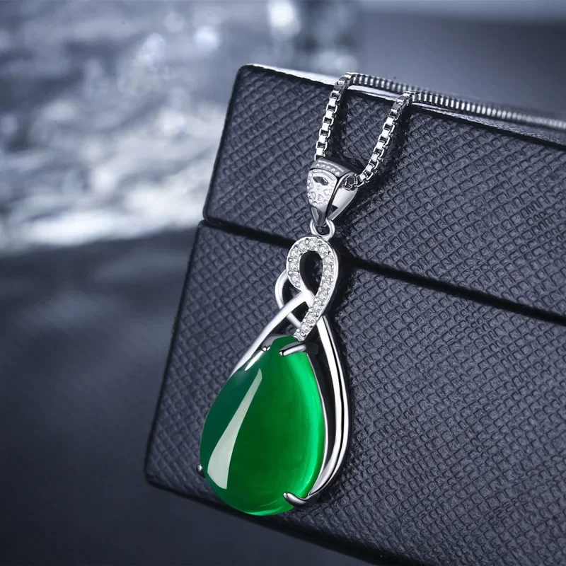 

Natural Green Jade Chalcedony Water Droplet Pendant Agate 925 Silver Necklace Charm Jewelry Carved Amulet Gifts for Her Women