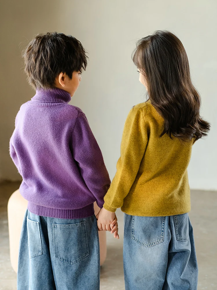 Children's Thick Pure Wool Turtleneck Pullover Boys Girls Kid 100% Australian Merino Heavy Sweater Teenager Tops Jumper Winter 2