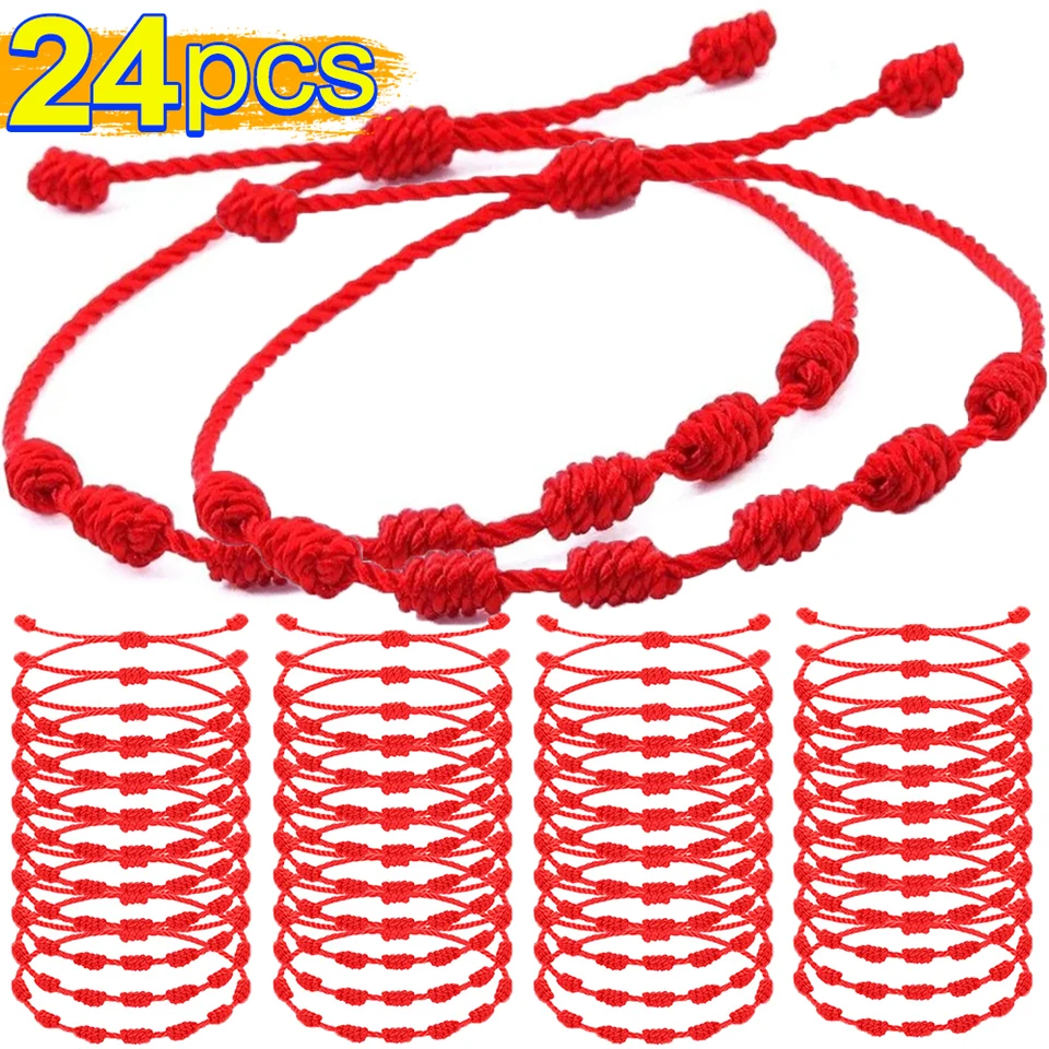 Braccialetti con 7 Nodi in Corda Rossa, Bracciale Regolabile Rosario Cattolico, Amuleto di Protezione Kabbalah, Braccialetto con Nodi Rossi e Neri