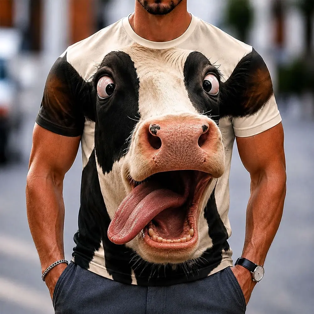 Herren-T-Shirt mit lustigem 3D-Kuh-Gesichtsdruck, realistischer & cartoonartiger Milch-Humor-Grafik, Rundhalsausschnitt, Kurzarm