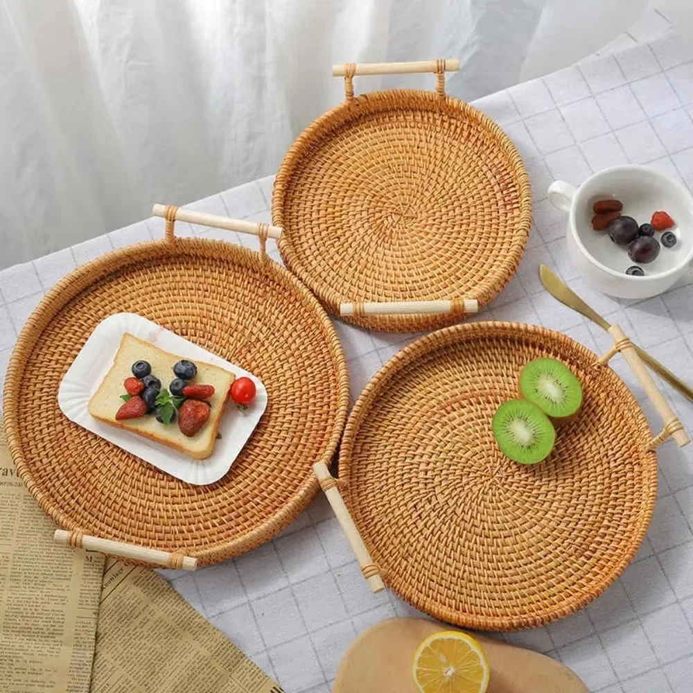 Vietnamese Rattan Tray Vine Woven Storage Double Ear Practical Desktop Tray Basket Bread and Fruit Dim Sum Picnic Simple Storage 3