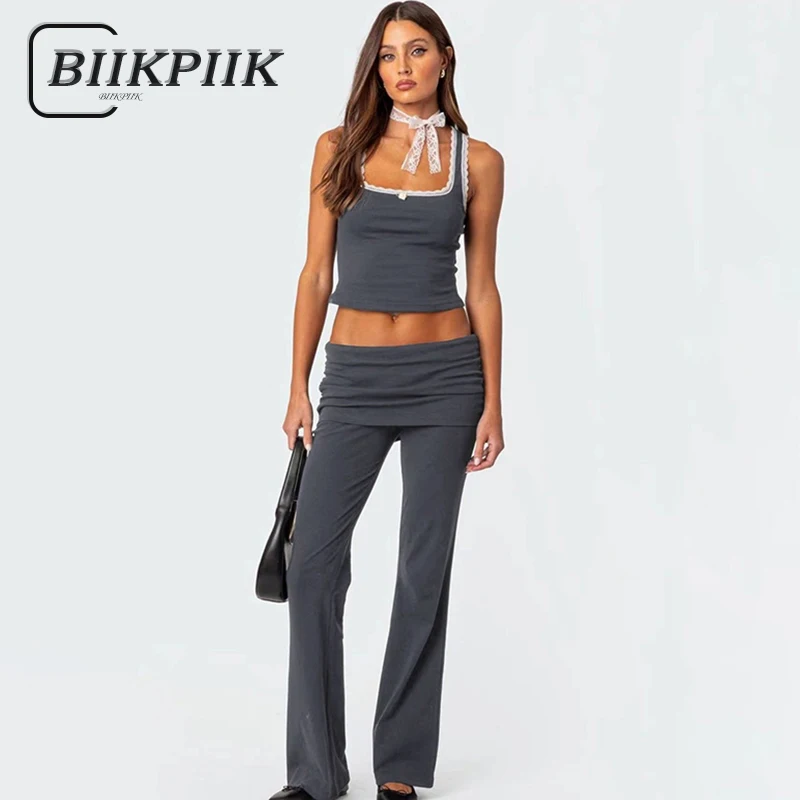 

BIIKPIIK Casual Lace Patchwork Women Pants Sets Cute Tank Top + Turndown Waist Pants Elegant Two Piece Suits Concise Outfit 2024