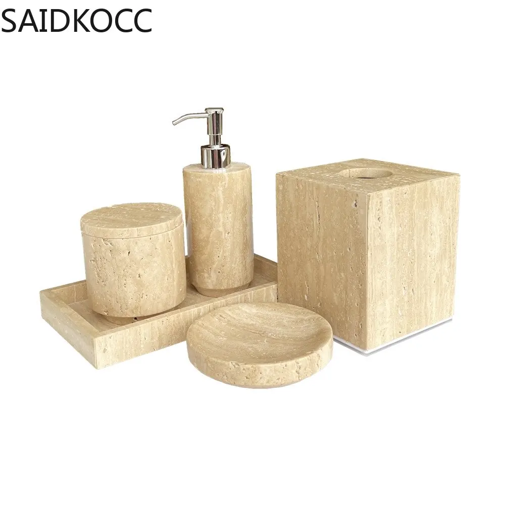 Set of 4 Travertine Bathroom Accessories Soap Dispenser
