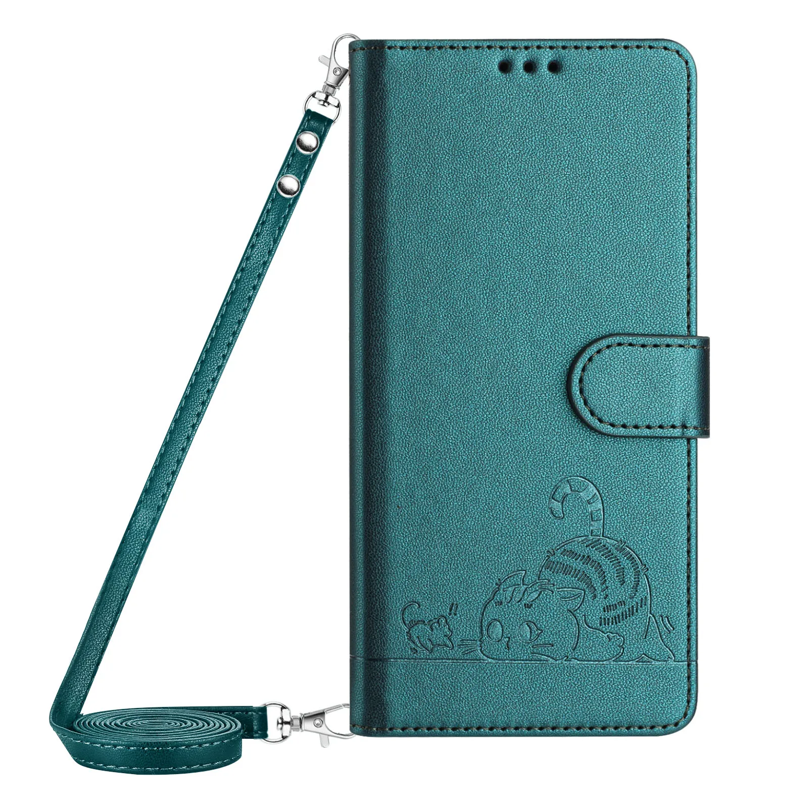 Charming Cat Crossbody Leather Wallet Phone Case with Lanyard and Card Slots
