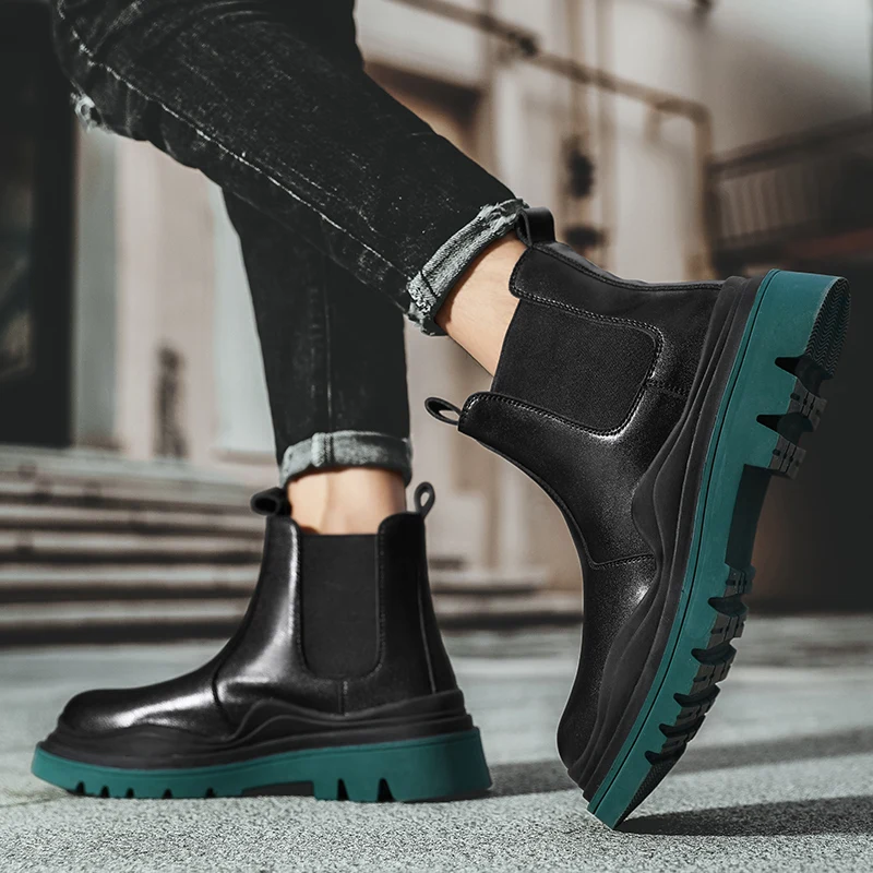 Winter Laarzen Plus Fluwelen Groene Zool Chelsea Laarzen Formele Leren Laarzen  Heren Platform Dikke Bodem Lederen Enkellaars| | - AliExpress