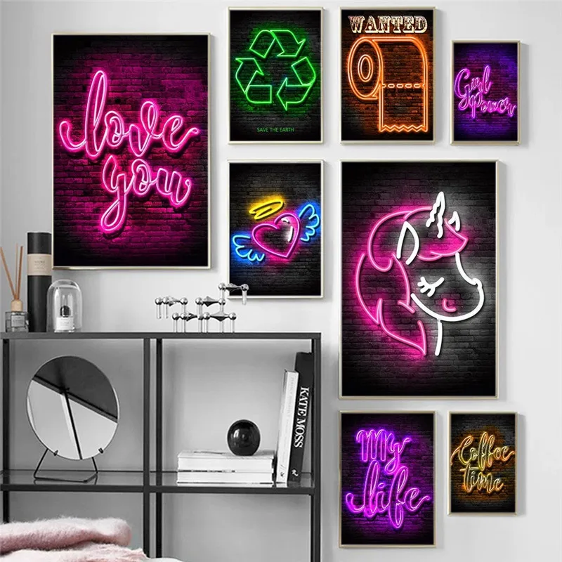 

Neon Sign Poster Roll Paper Coffee Time Love You Letter Canvas Painting Nordic Modern Pictures Home Wall Art Decor Frameless