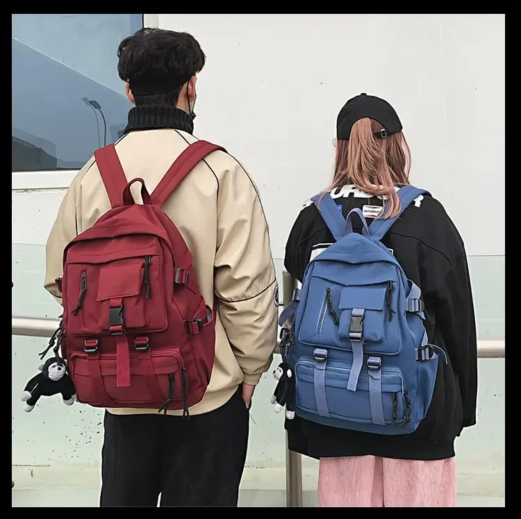 Preppy Style Black Backpack Unisex Women Men Backpack Nylon Waterproof Multi-Pocket Design Mochilas Teenagers Shoulder Bag