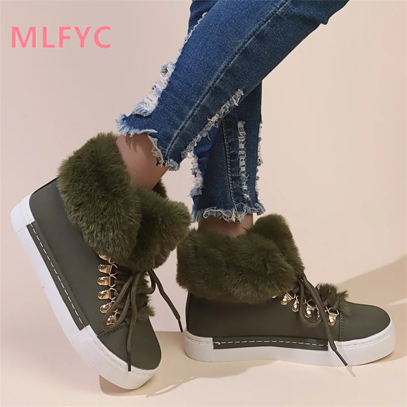 Winter short tube snow boots for female large plush thick soled cotton boots for women casual and warm round toe flat boots