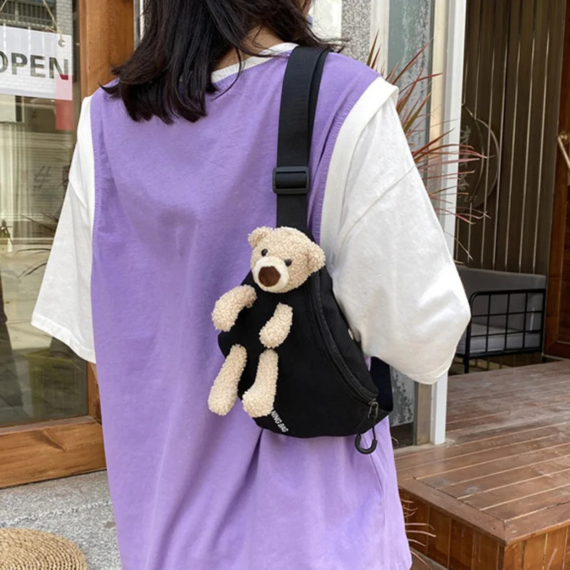 Cute Children Kids Bear Doll Canvas Waist Backpack Bags Large Capacity Crossbody Belt Backpack Banana Hip Money Pouch Chest Bags