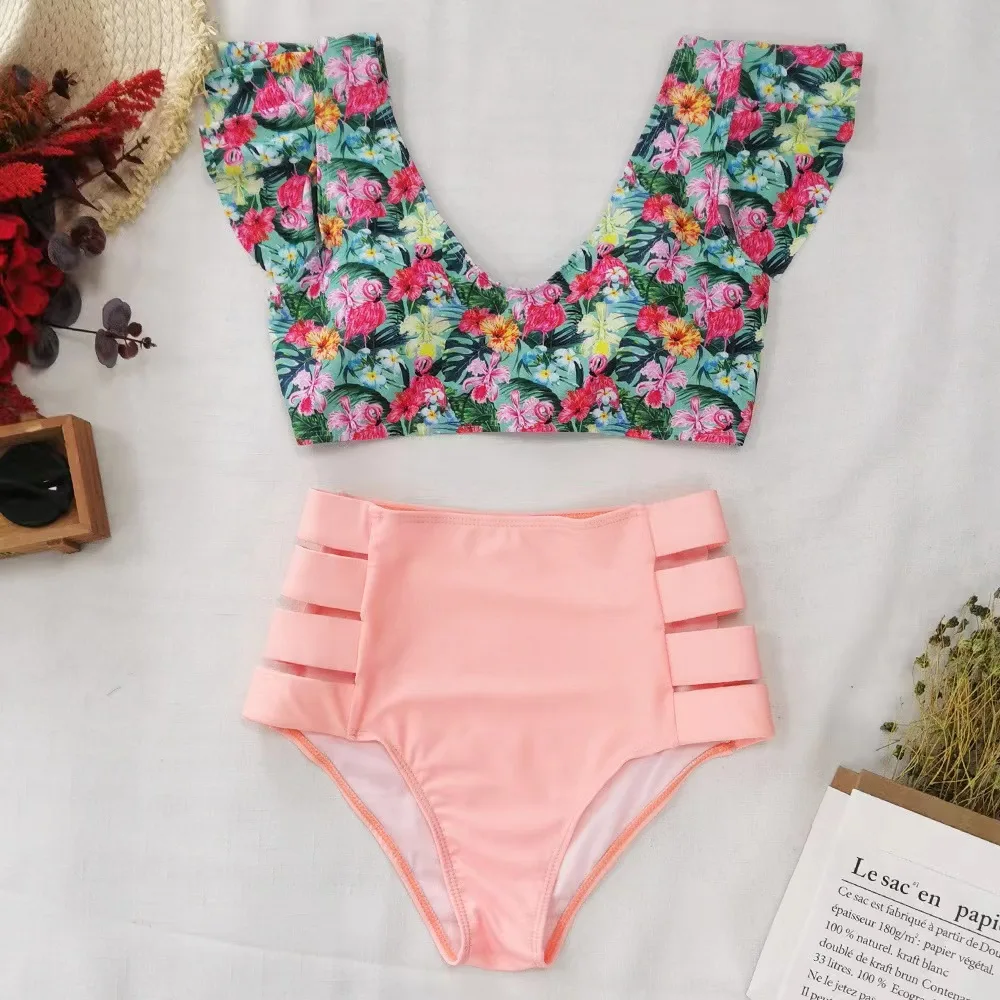 Sexy Bikinis 2023 New Double Shoulder Ruffle Bikini Set High Waist Swimwear Women Swimsuit V-Neck Bathing Suit Beach Wear Swim