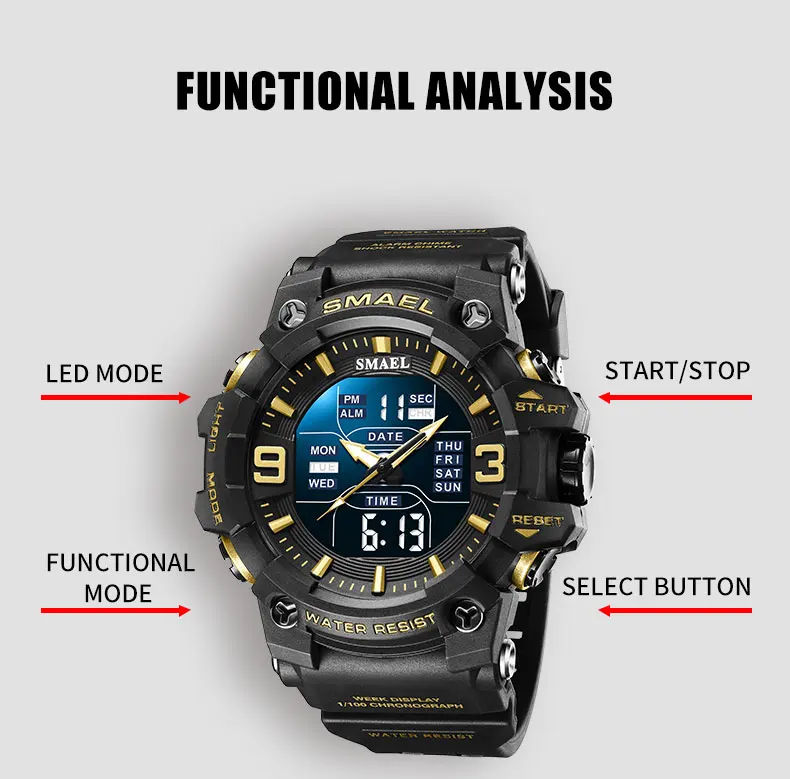 SMAEL Mens Watches Sports Digital Waterproof Clock Top Luxury Brand Dual Display Military Watch Men Wristwatch Relogio Masculino