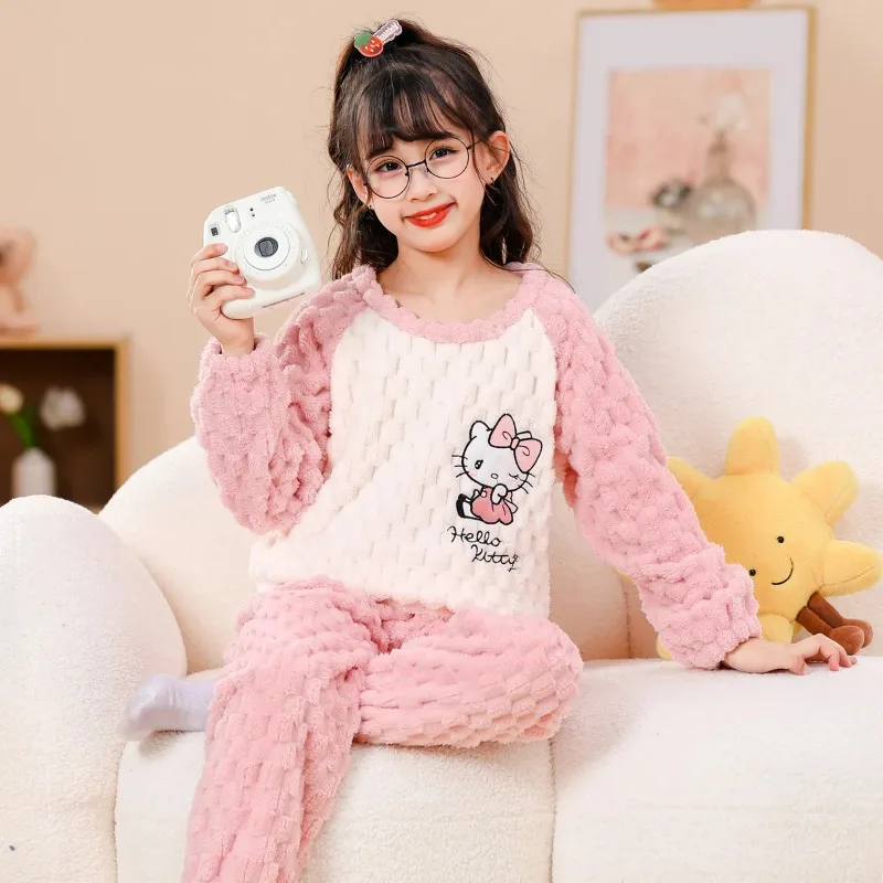 

Sanrio Hello Kitty My Melody Kuromi Children's Pajamas Thickened Autumn Winter Girls Coral Velvet Anime Cartoon Kid Home Clothes