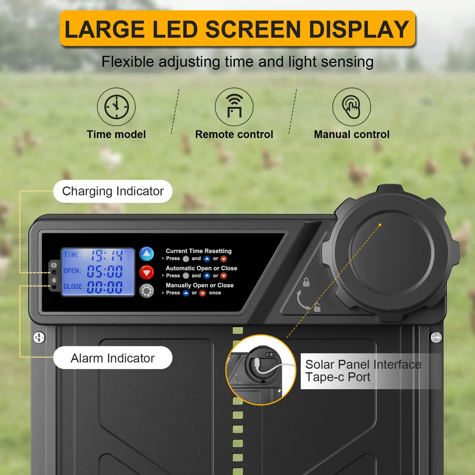 Chicken Coop Door Large Automatic Chicken Coop Door with LCD Display Timer Remote Aluminum Alloy Solar Powered Chicken Door Good Help on The Farm