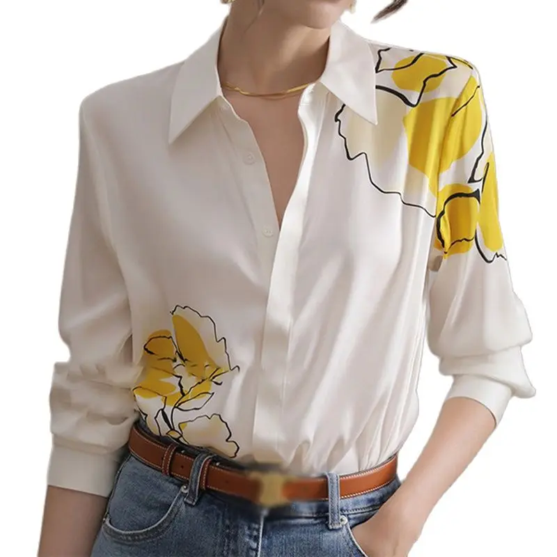 FANIECES Yellow Print Women White Blouse Elegant Satin Office Lady Tops Long Sleeve  Loose Casual Plus Size blusas para mujer