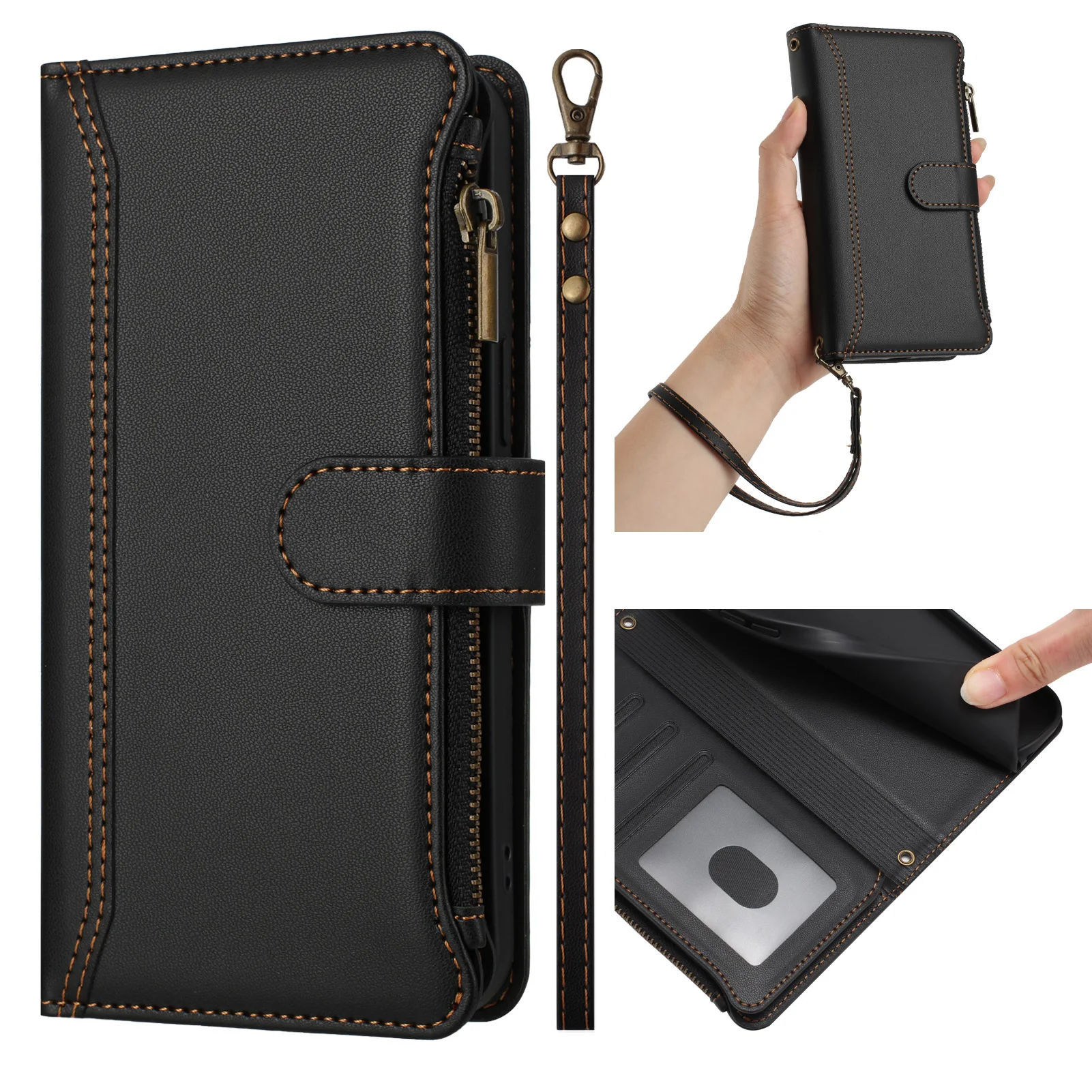 Elegant PU Leather Crossbody Wallet with Zipper and Wrist Strap