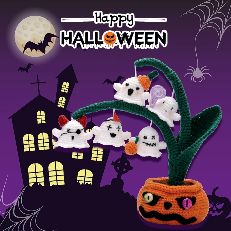 Halloween Festival Crochet Material Package Pumpkin Devil Pots for Crochet Lovers Include Yarn Hook Tools Suppli