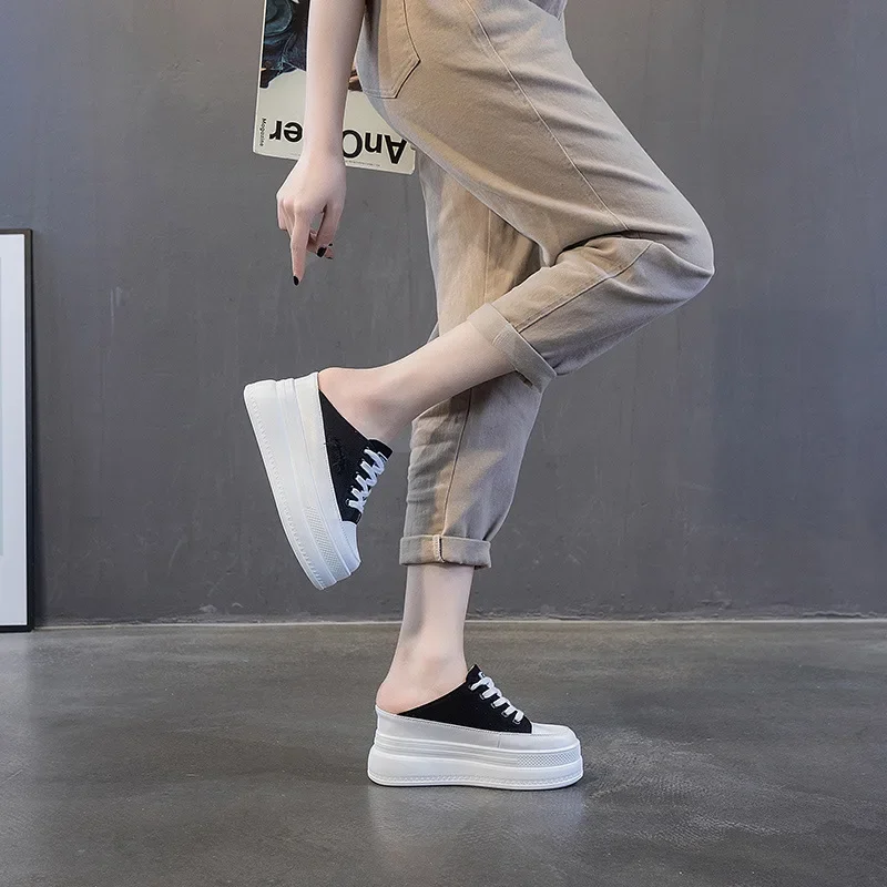 ALLINNINE Zapatos Deportivos De Tacón Alto Para Mujer, Zapatos De Lona De Moda De Tubo Alto, Con Cordones, Borde De Cuña, Cremallera, ángulo, Talla 4-11, B Todo-negro