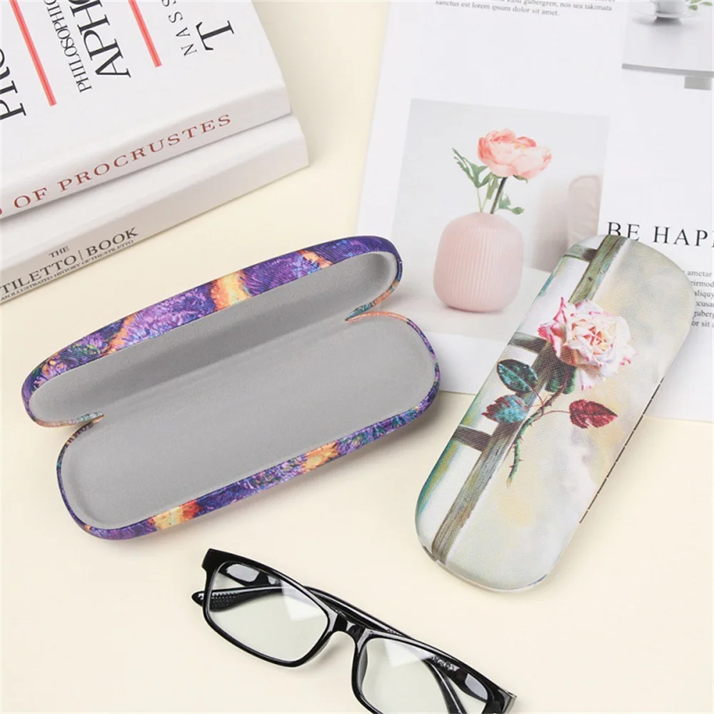Fashion Oil Painting Art Glasses Case Box Hard Leather Reading Glasses Case Retro Floral Print Eyewear Protector Glasses Holder