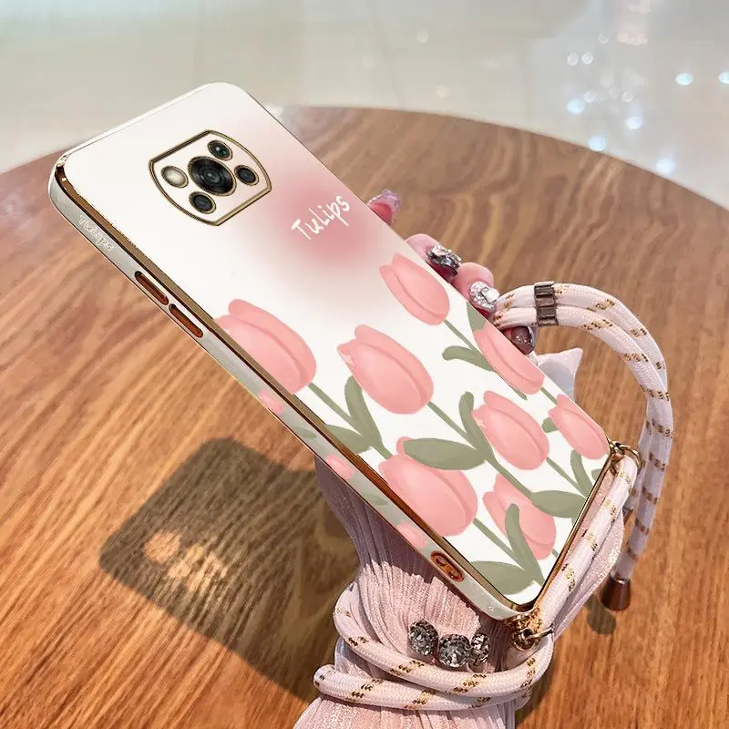 

Charming Tulips Lanyard Plating Phone Case For Xiaomi Poco M5 M4 Pro F4 GT X4 GT F3 X3 F4 X4 M3 X3 NFC X2 X3 Pro C40 Cover