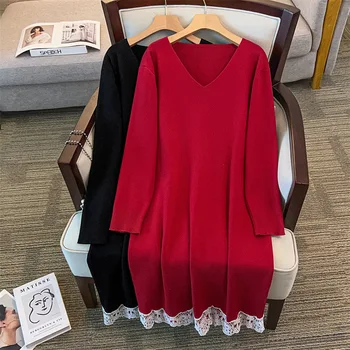 155Kg Plus Size Women's Bust 160 Autumn Winter Long V-Neck Lace Sweater Dress Black Burgundy 4XL 5XL 6XL 7XL 8XL 9XL