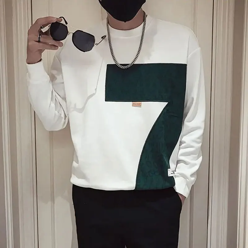 Casual Daily Round Neck Sweatshirts Letter Printed Spring Autumn Men's Clothing Stylish Patchwork Long Sleeve Korean Pullovers