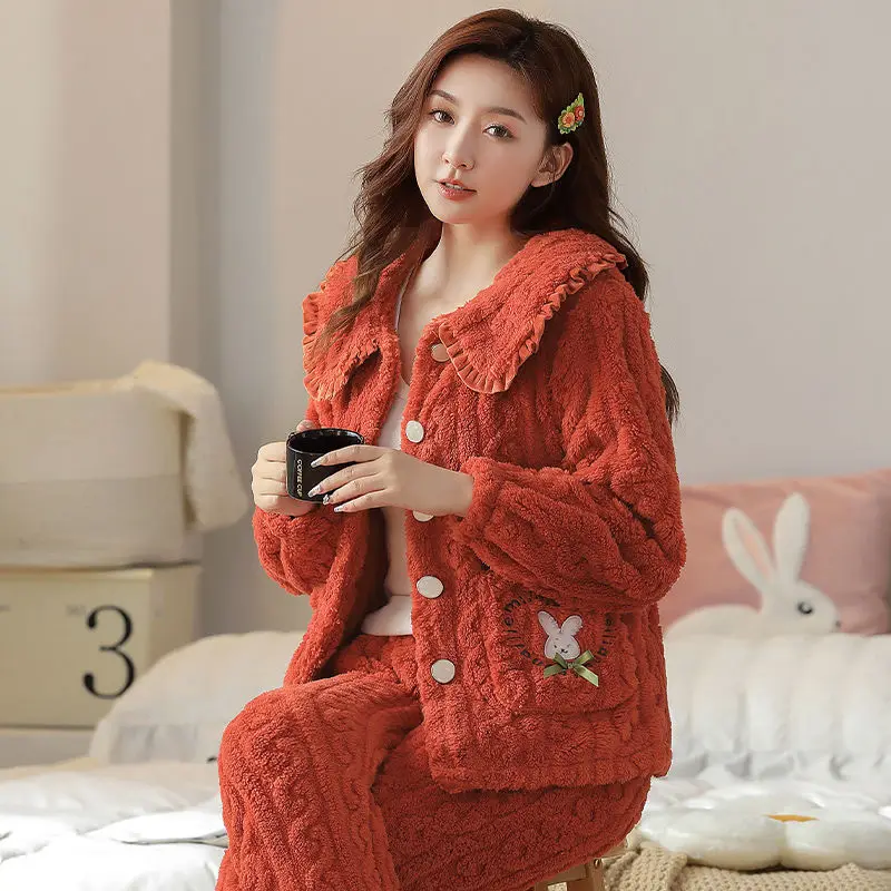 2023  Winter Thickened Coral Velvet Cardigan Pajamas Woman Lovely Can Wear Butterfly Bear Home Suit sportswear coral fleece
