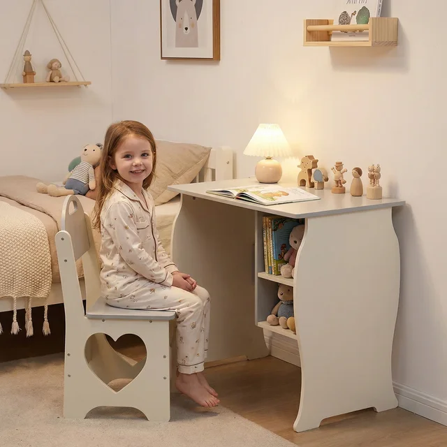 US Kids Desk and Chair Set Multifunctional White and Grey Toddler Student Writing Table Set for Home School