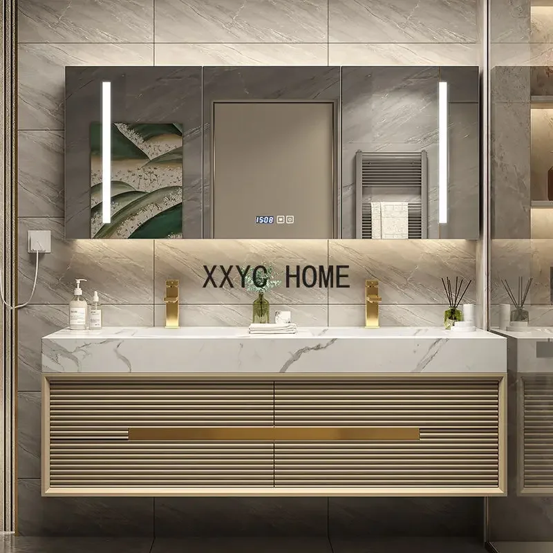 

Light Luxury Bathroom Cabinet Rock Plate Washstand Modern Washbasin Toilet Wash Basin Combination Suit Oak Milk Tea Color