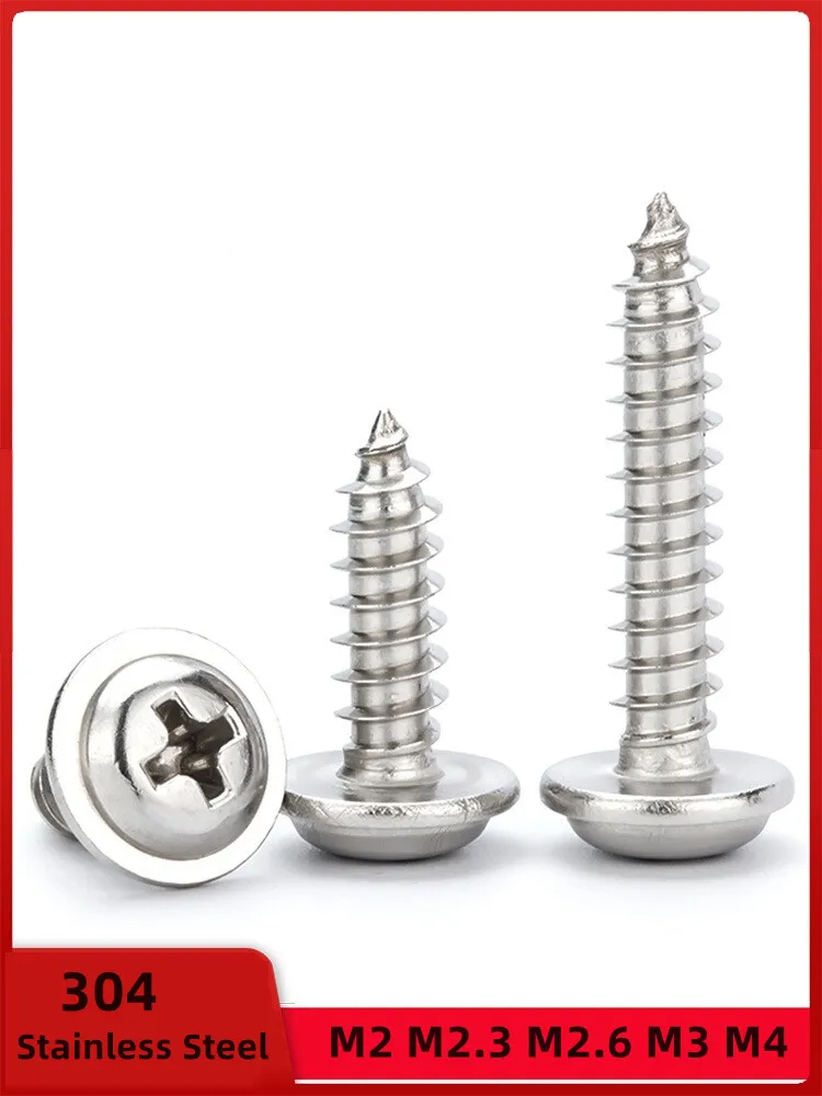 

20/30/50pcs M2 M2.3 M2.6 M3 M4 304 A2 Stainless Steel Cross PWA Phillips Pan Round Head With Washer Self-tapping Screw