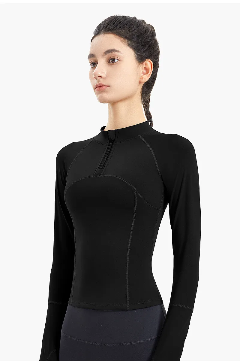 Solid Color Fitness Women Sport Jacket Top Stand-up Collar Half Zipper Long Sleeve Yoga Shirt Coat Thumb  Comprehensive Training