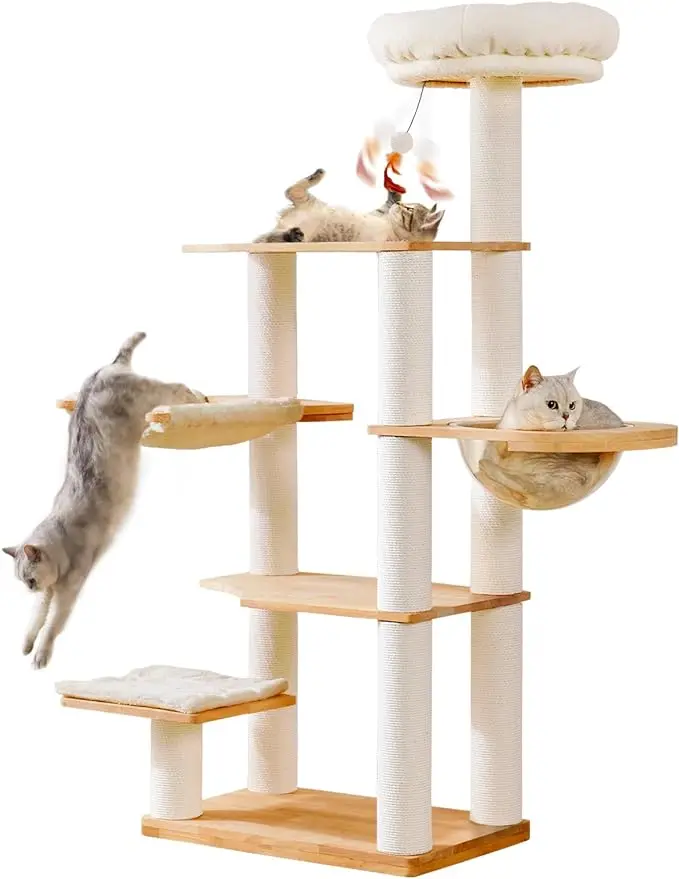 

Cat Tree Wood Cat Tree for Indoor Cats with Scratching Posts&Hammocks,Modern Cat Tree Tower for Large Cats with Soft Bed