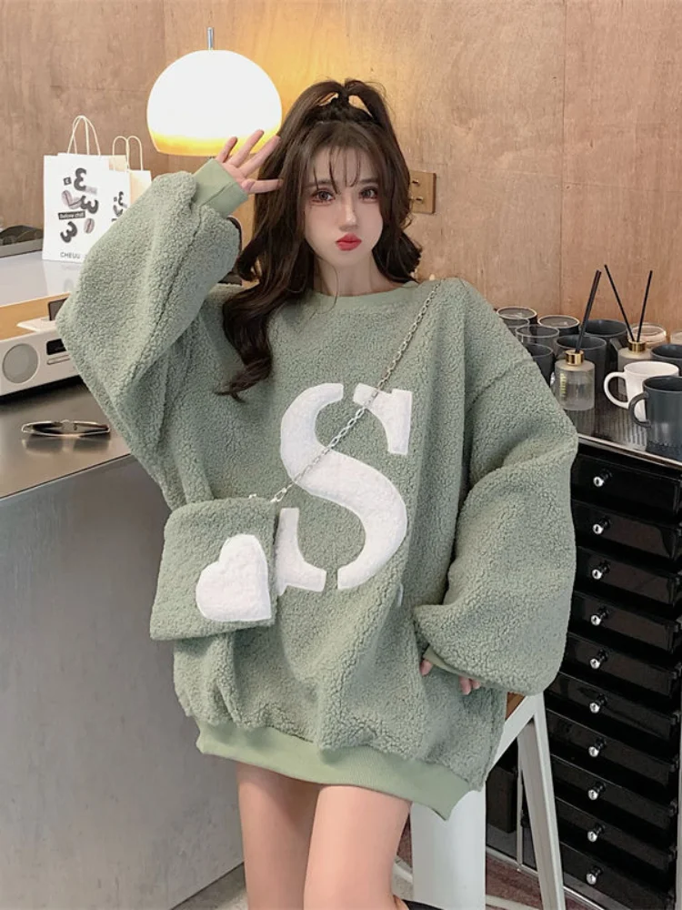 

QWEEK Lamb Wool Letter Sweatshirts Women Korean Fashion Streetwear School Pullovers Long Sleeve Tops 2022 Autumn Winter
