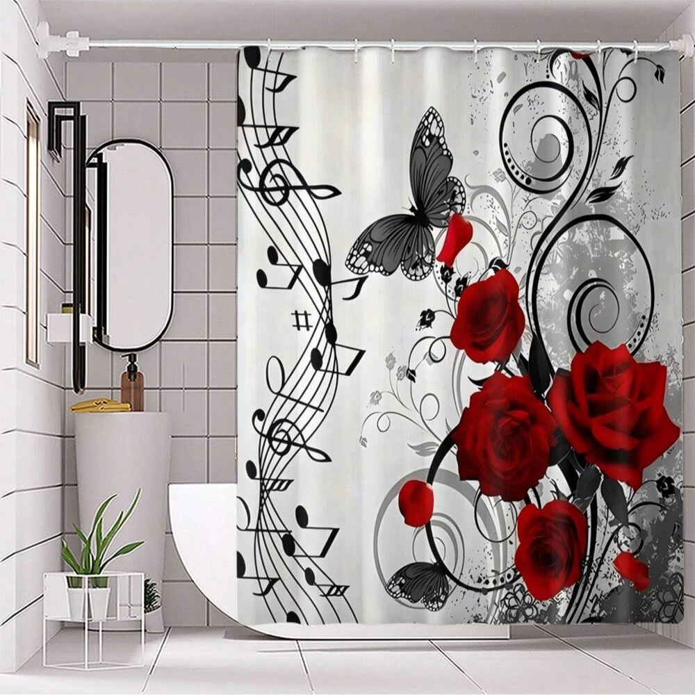 Floral Print Bath Set Shower Curtain Toilet Lid Cover U-Shape Bath Mat Bathroom Accessories Hooks 4pcs