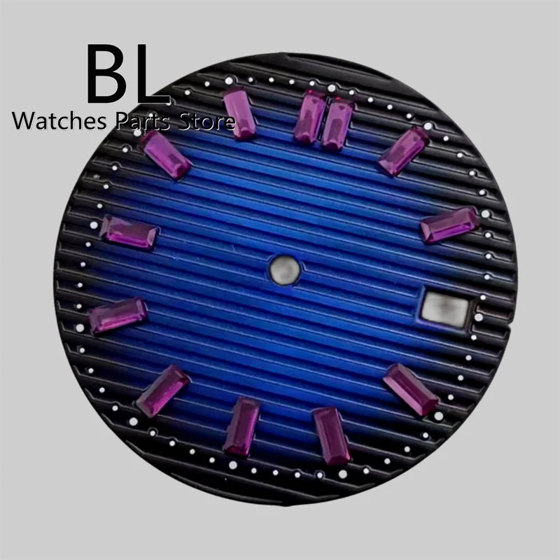 BLIGER 29mm Fluted Watch Dial With Green Purple Diamond Time Index Mark Black White Bule Green For NH35A Automatic Movement Date