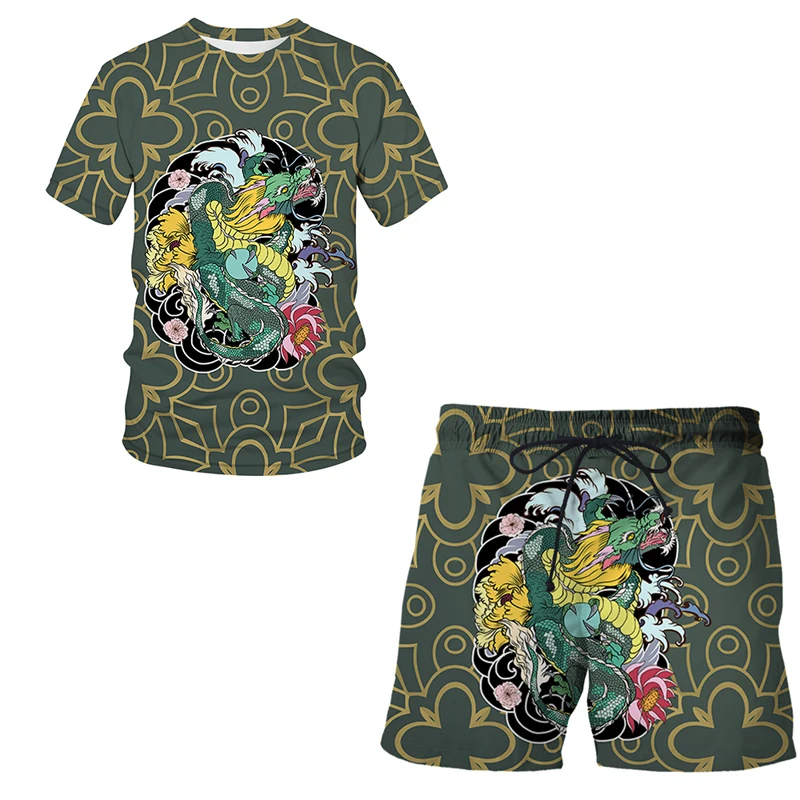 

2022 New Summer Boys Clothes Chinese dragon totem 3D Tops Set 2pcs Children Clothing Suit Harajuku Short Sleeve Clothes Set