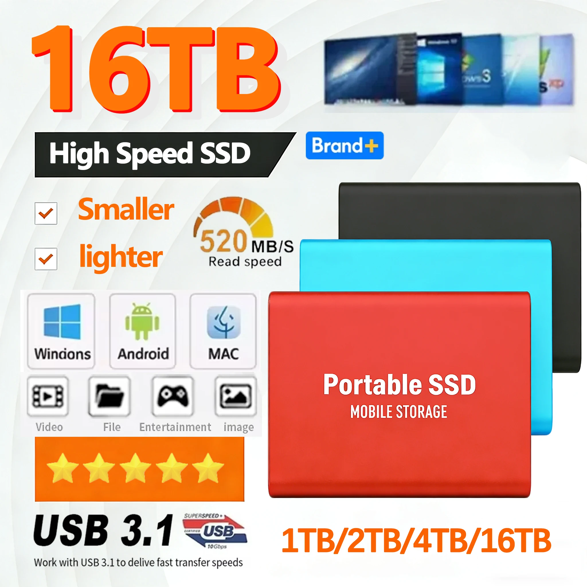 แบรนด์ SSD แบบพกพา 4TB ฮาร์ดไดรฟ์ภายนอกความเร็วสูง 1TB USB3.2 Type-C ฮาร์ดดิสก์ 16TB โซลิดสเตทดิสก์สำหรับแล็ปท็อป/พีซี/MAC 1