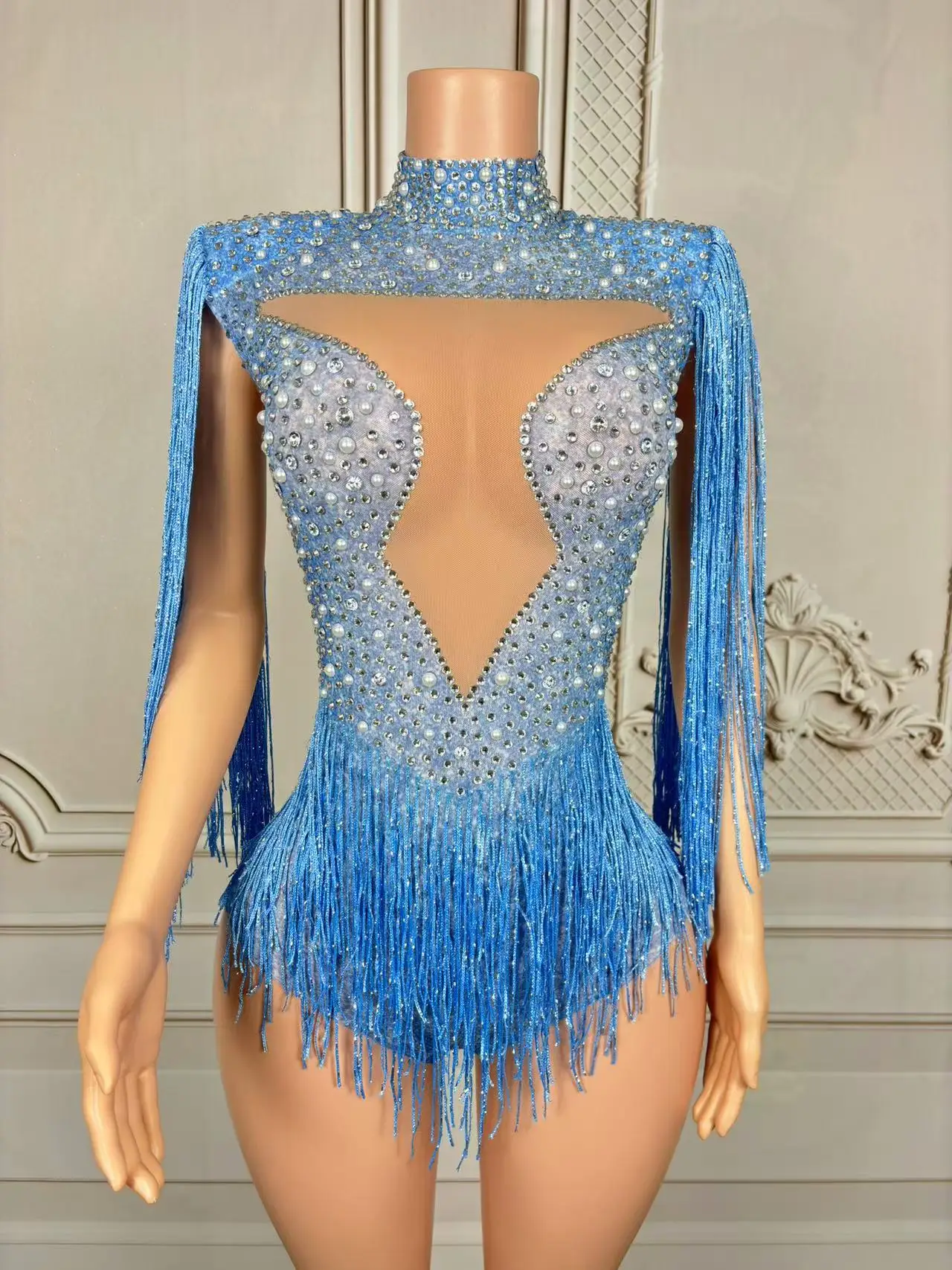 Sequinned Tassel Cabaret Bodysuit – Sheer Dress Stage Performance Jumpsuit