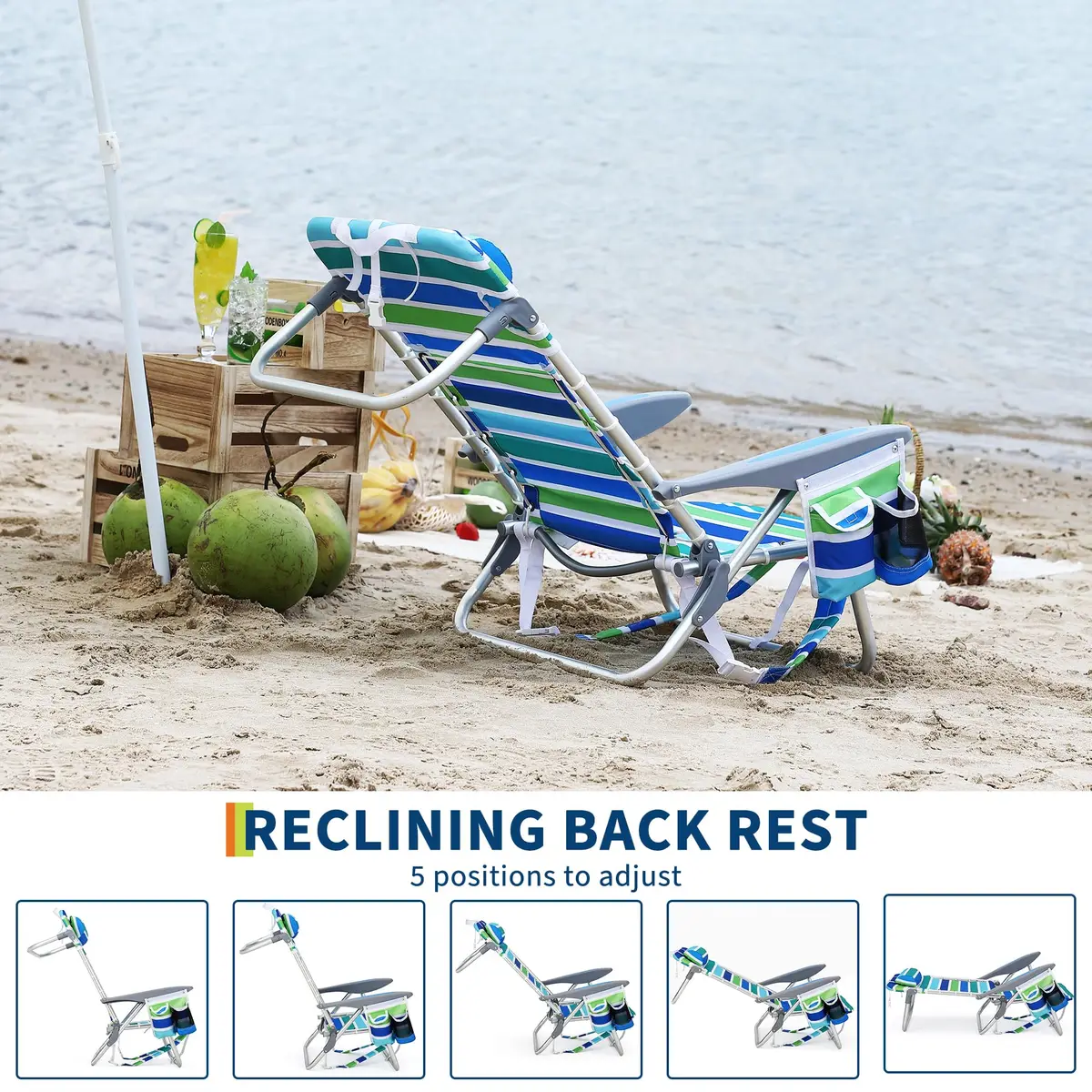 Portable Backpack Beach Chair 2 Pack 5 Reclining Positions Folding Outdoor Lounge w/Backpack Straps,Cup Holder for Camping Beach — view 5