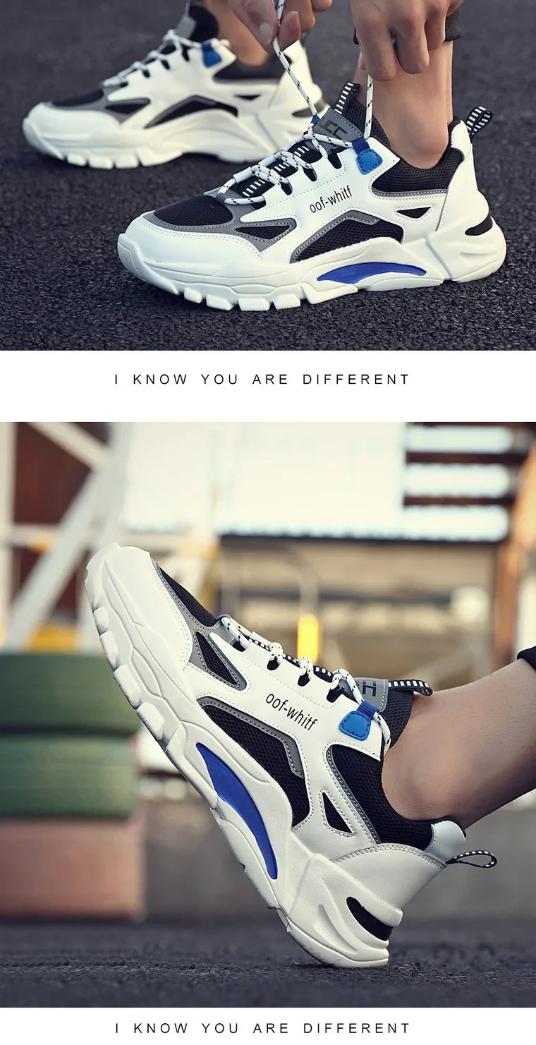 Close-up of stylish men’s breathable mesh sneakers in motion on a city sidewalk, highlighting lightweight design and sporty details6542