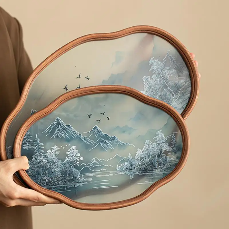 

Chinese Painting Glass Wooden Tray Bamboo-colored Tea Coffee Juice Tray Storage Decorative Serving Tray Fruit Snack Storage Tray