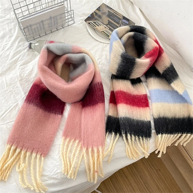 Colorful Striped Kids Scarf with Tassels, Soft & Comfortable Neckerchief Warm Winter Accessory for Boys Girls 3-12Y X90C