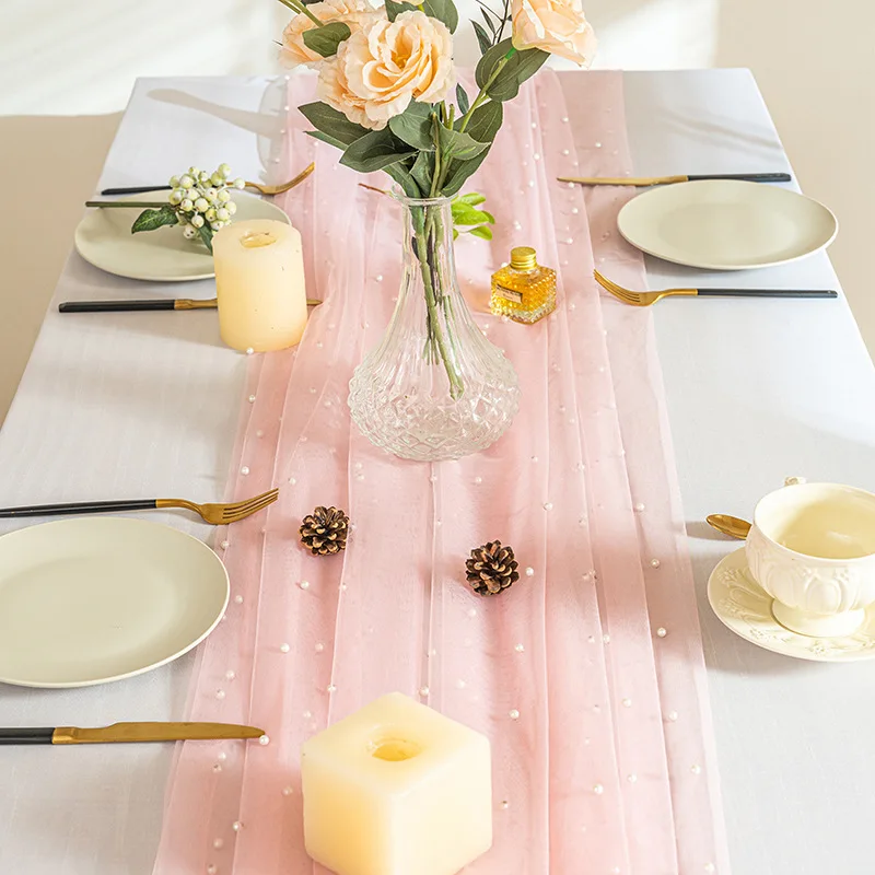 

Romantic Pearl Mesh Gauze Table Runner Pink 10FT Wedding Dinning Decoration Voile Tablecloth Cover Elegant Decor Party Birthday