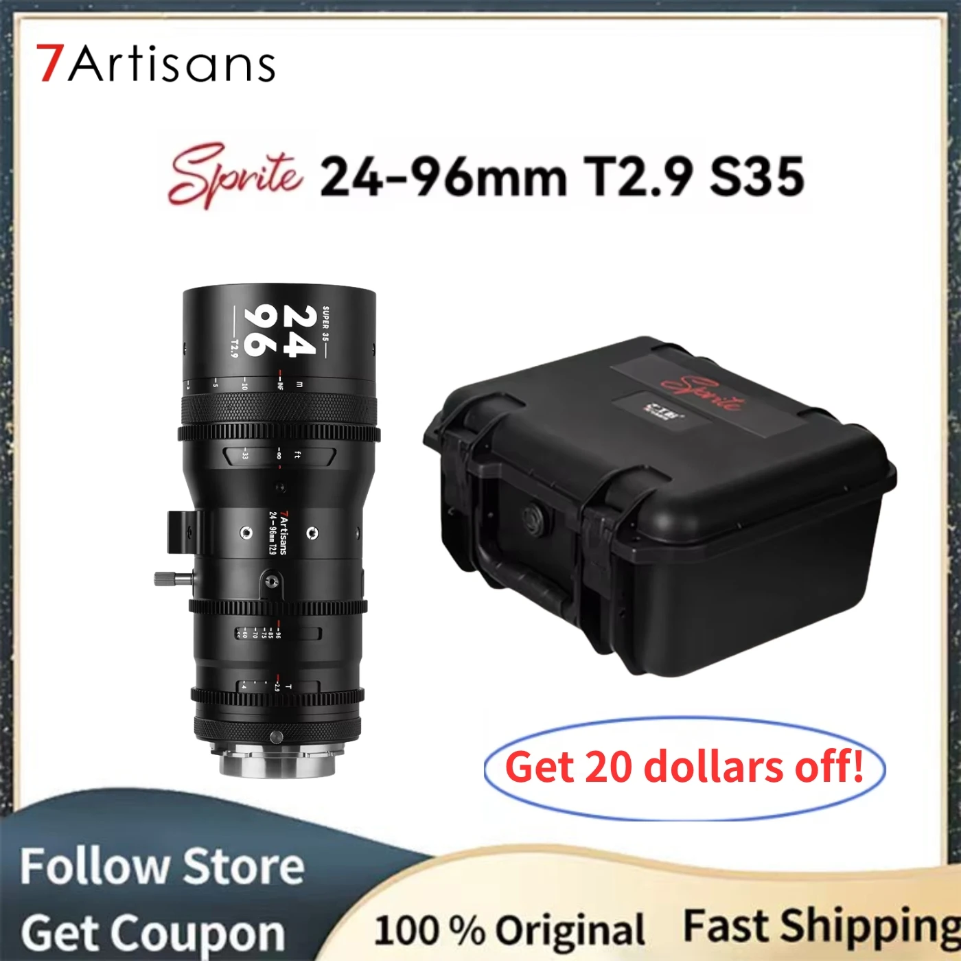 7artisans 스프라이트 24-96mm T2.9 S35 프레임 프로페셔널 4배 줌 시네 카메라 렌즈 (PL 마운트, 스튜디오, 인문학, 사진 촬영용)