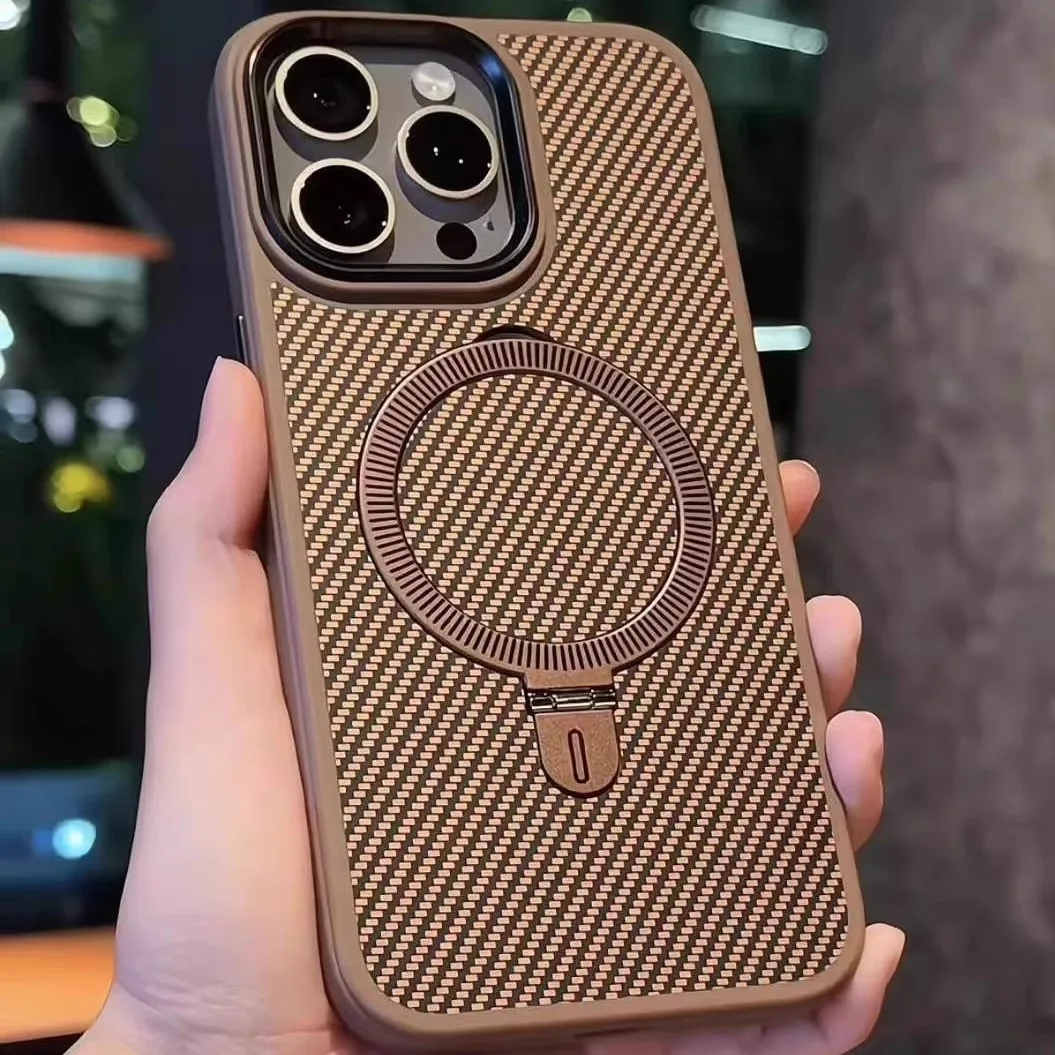 Sleek Magnetic Holder Carbon Fiber Leather Phone Case with Ring Bracket Cover